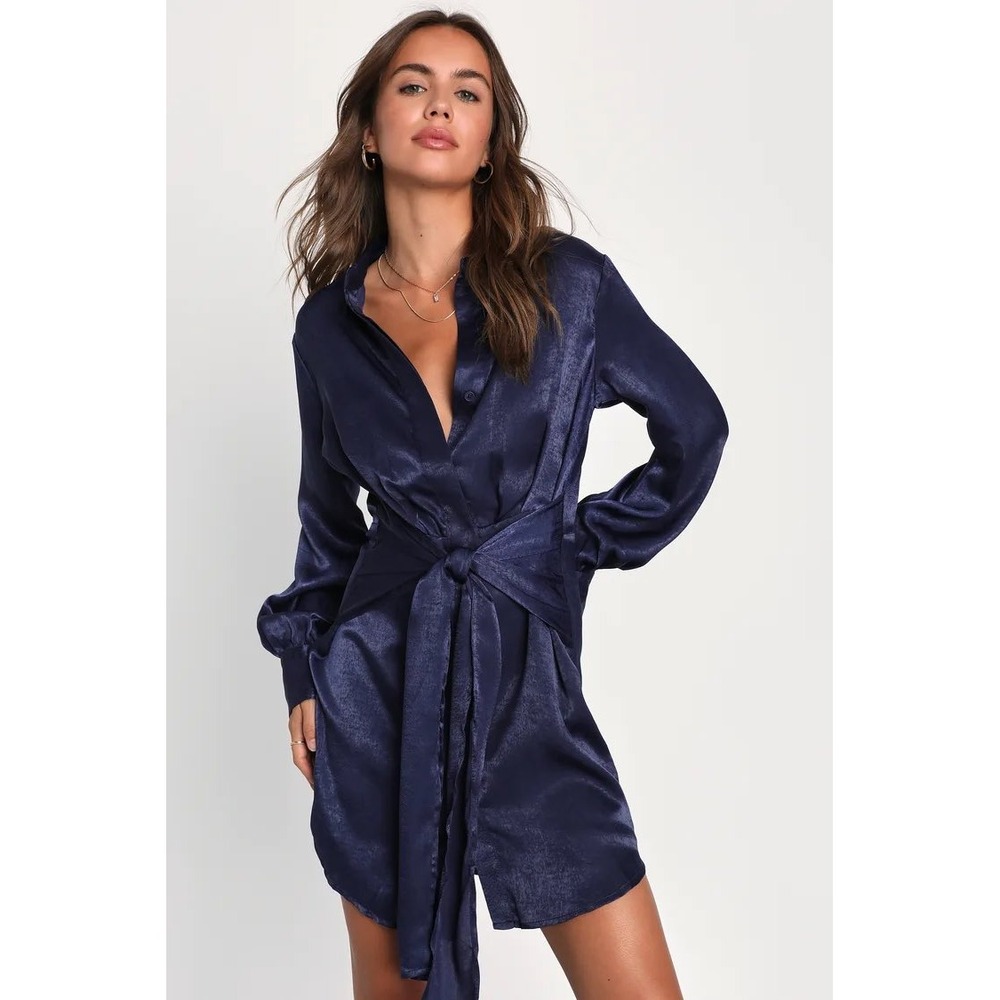 Lulus | Navy Day in the City Satin Long Sleeve Button Front‎ Mini Dress